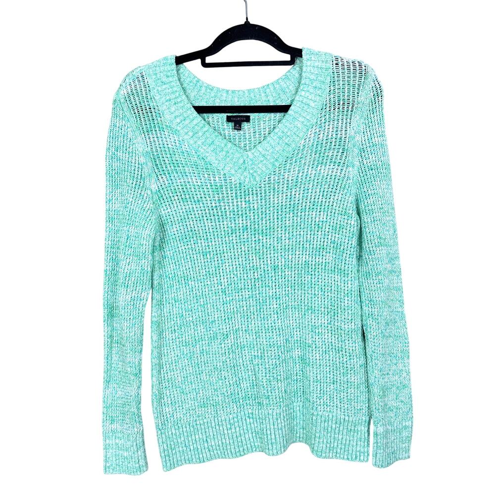 Talbots Womens M Teal Blue Fleck Wide Knit Long Sleeve Pullover Sweater NEW